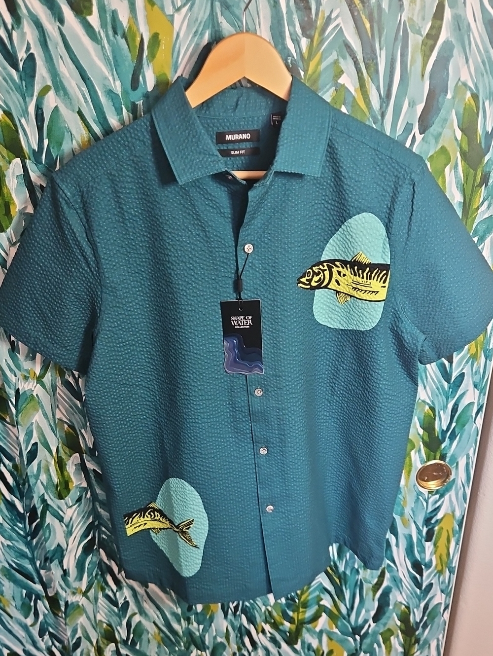 Murano Teal Button-Down Shirt Shape Of Water Collection Fish - Size L - NWT